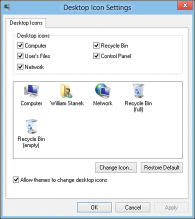 Use the Desktop Icon Settings dialog box to select the desktop icons to display and set their appearance.