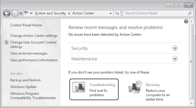 Opening Windows 7 troubleshooters in the Action Center