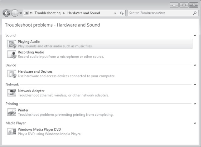Hardware and sound troubleshooters in Windows 7