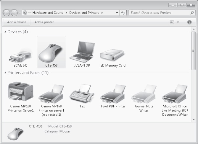The Devices and Printers window in Windows 7