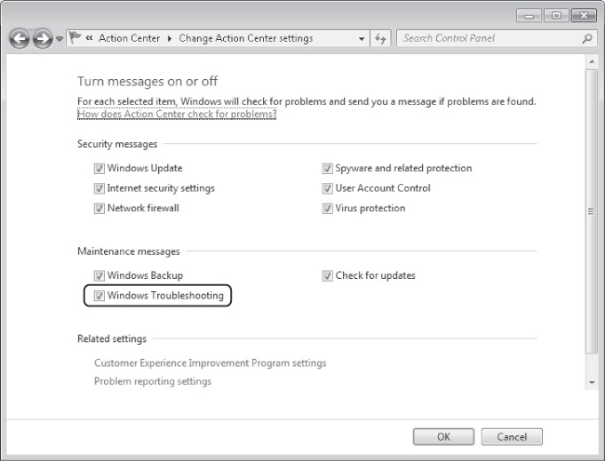 Disabling Windows troubleshooting messages in the Action Center