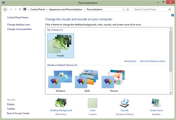 Use the Personalization console to access dialog boxes for configuring themes, display settings, and more.
