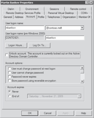 Windows Server 2008 R2 changes the label of the Unlock Account check box if an account is locked out.