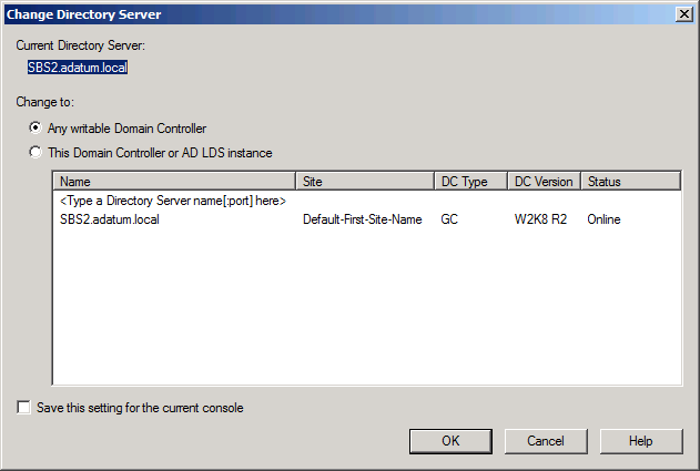 The Change Directory Server dialog box, which enables you to direct an AD DS Console to a specific domain controller.