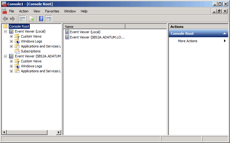 A custom MMC Console containing three instances of the Event Viewer snap-in.