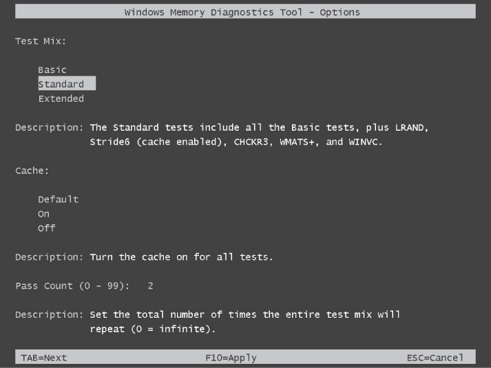 Options for Windows Memory Diagnostic