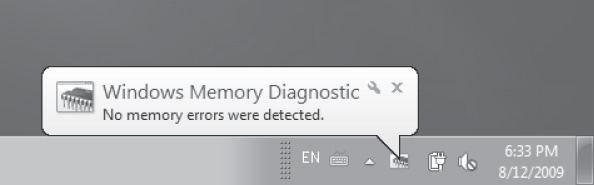 A notification bubble for Windows Memory Diagnostic