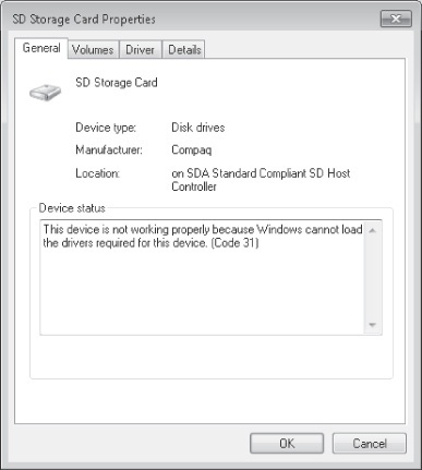 Open the Properties dialog box for problem devices in Device Manager.