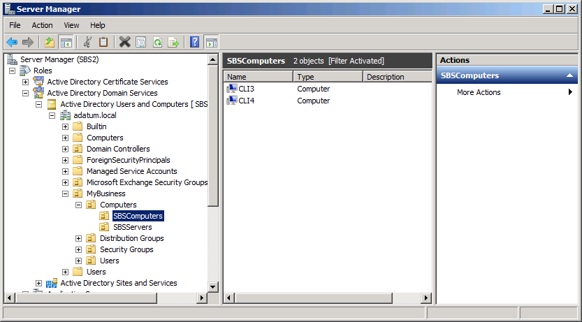 The Active Directory Users and Computers snap-in, incorporated into the Server Manager Console.