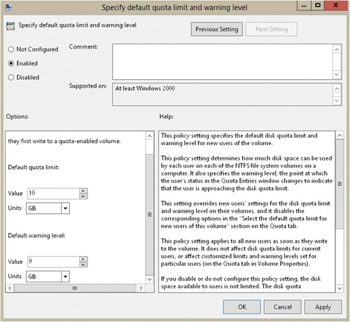 Use the Specify Default Quota Limit And Warning Level dialog box to establish disk quota values.