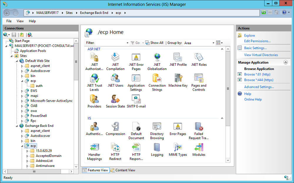 A screen shot of the Internet Information Services (IIS) Manager, showing the IIS applications that handle Exchange processing.
