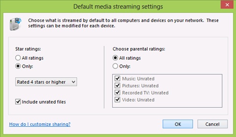 Configuring default options for media sharing