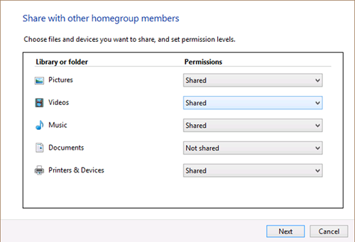 Sharing individual media types and devices with a homegroup
