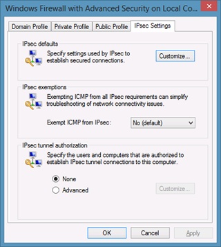 configurações ipsec do firewall do Windows
