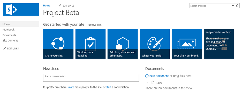 A screen shot of the options available to SharePoint administrators to configure a new site. The option to add a mailbox to the site is on the far right and is called Keep Email In Context.