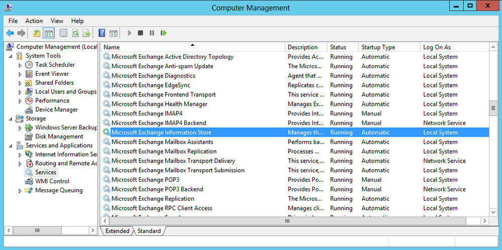 A screen shot of the Computer Management console, showing management of Exchange Server services on the Services subnode.
