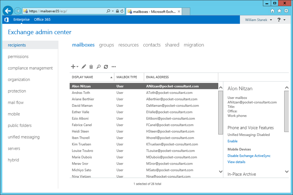 A screen shot of the Exchange Admin Center, showing the Recipient area with the Mailboxes tab selected.