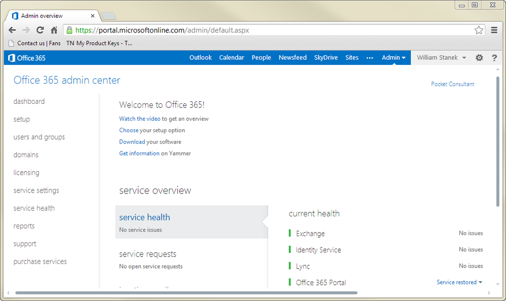 A screen shot of the Office Admin Center, showing the dashboard.