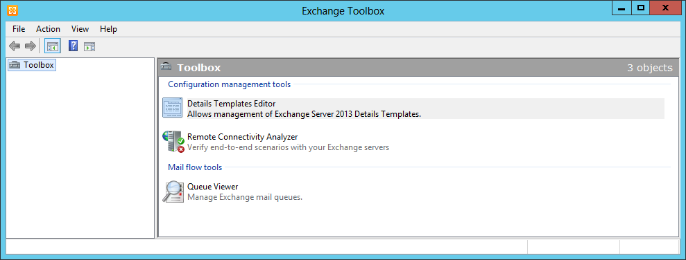 A screen shot of the Exchange Toolbox, showing the available tools.