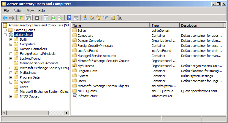 The Advanced Features display of the Active Directory User And Computers Console.