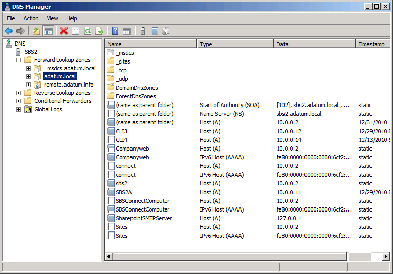 The DNS Manager Console.