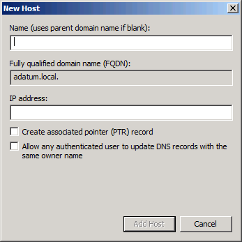 The New Host dialog box in the DNS Manager Console.
