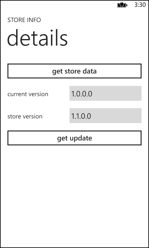 Screenshot of a simple app with a button to get store data, text boxes showing the current version number and the store version number, and a second button to get the app update.
