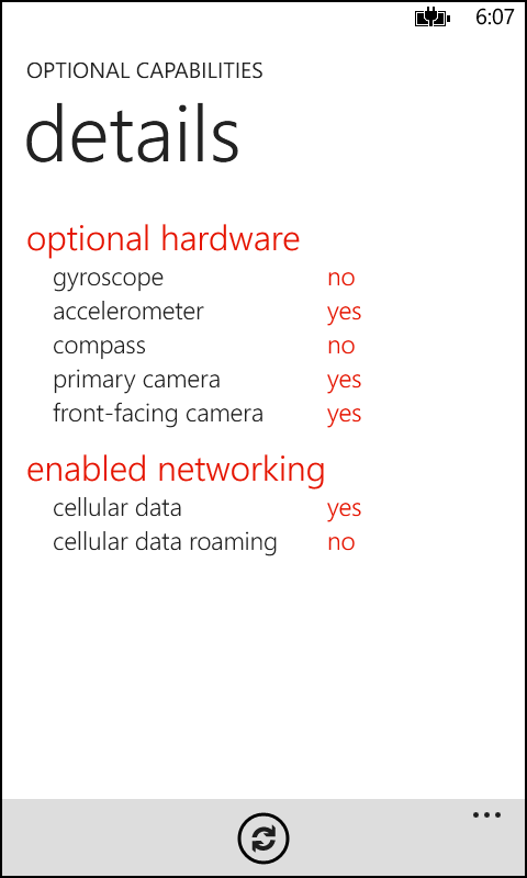 A screenshot of an app that reports the status of optional hardware and enabled networking configuration for this device.