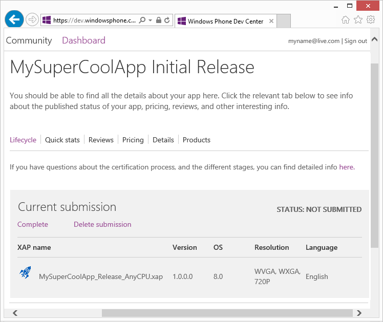 A screenshot of the dashboard in the Dev Center, on the page for a specific app (MySuperCoolApp).