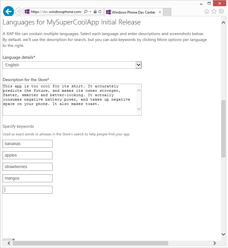 The Dev Center submission form showing fields where you enter a description and keywords for the selected language.