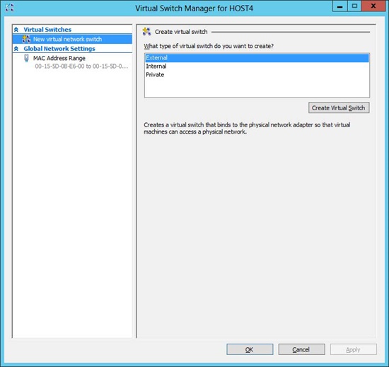 Creating a new virtual switch in Hyper-V Manager.