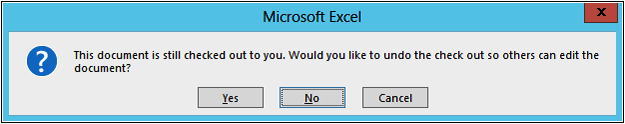A screenshot of the Excel dialog box that displays the message that the document is still checked out to you.