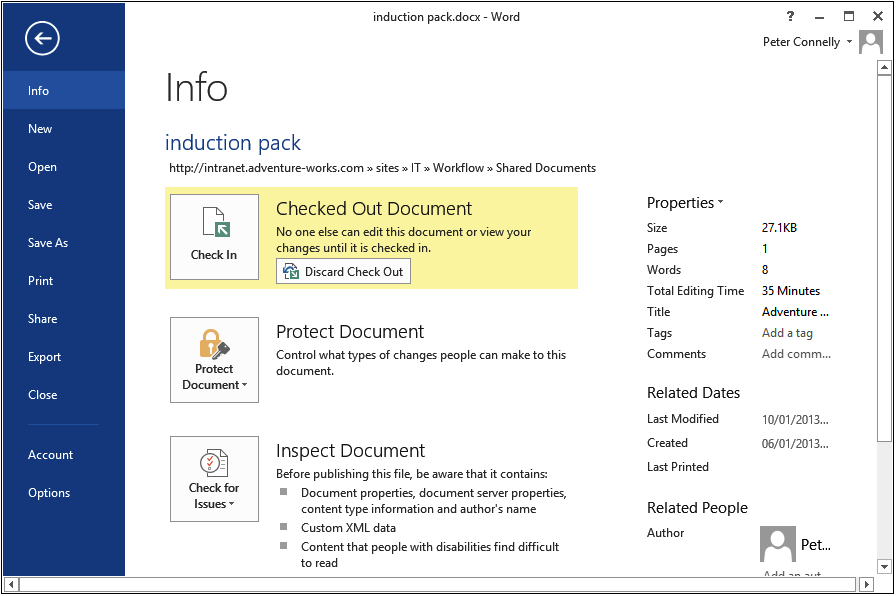 A user can select to check a file directly into SharePoint from within a Office application.