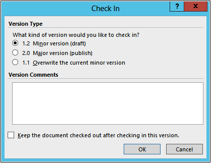 A screenshot of the Check In dialog box.
