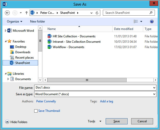 A screenshot of the Save As dialog box, with SharePoint selected under Favorites.