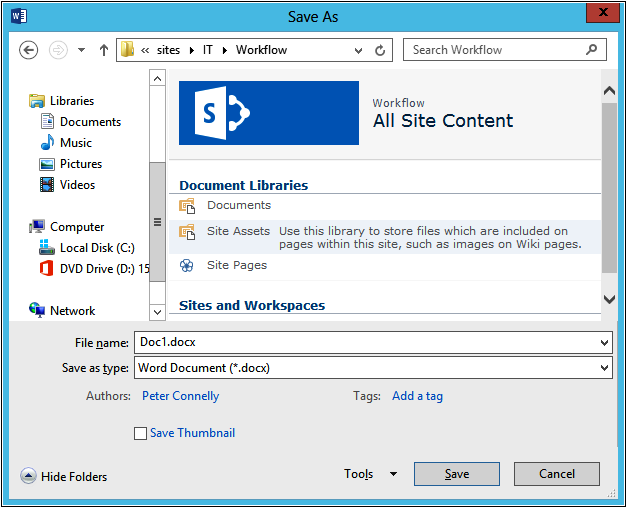 A screenshot of the Save As dialog box displaying document library of a site.