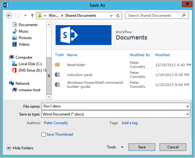 A screenshot of the Save As dialog box displaying the content of a document library.