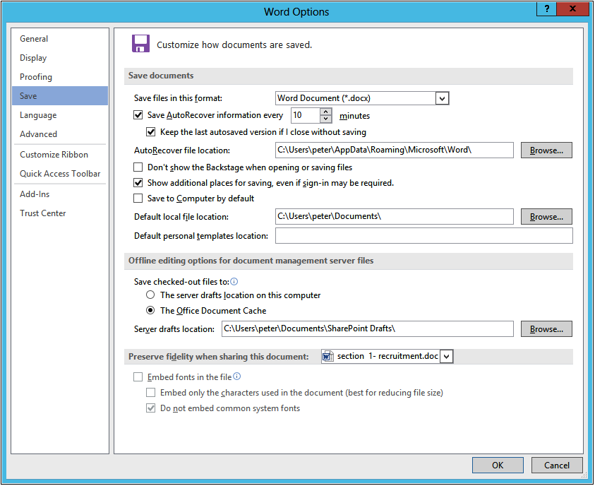 A screenshot of the Word Options dialog box, with Save selected in the left pane.