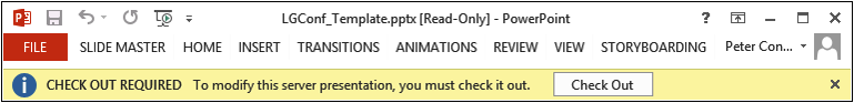A screenshot of the Check Out notification message in Word 2013.