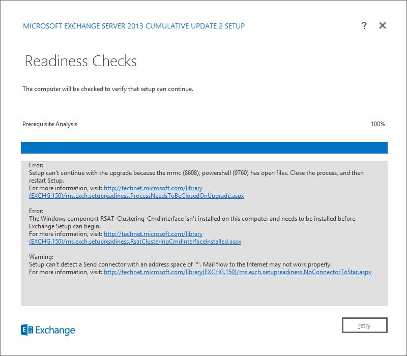A screen shot of the Readiness Checks page, showing detected errors that must be resolved before installation can continue.