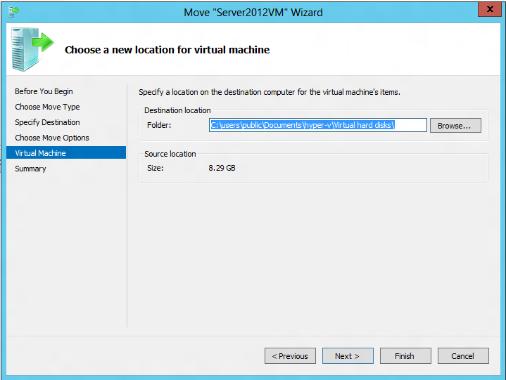 Selecting a location for the migrated VM