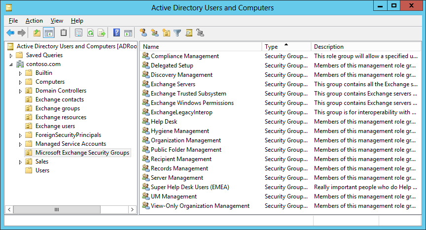 Screen shot of the Active Directory Users And Computers console to view the universal security groups created by Exchange in the Microsoft Exchange Security Groups organizational unit. A separate group is defined for each role group. Among the default set Exchange created, the screen shot shows one created by the deployment for a purpose-built role group.