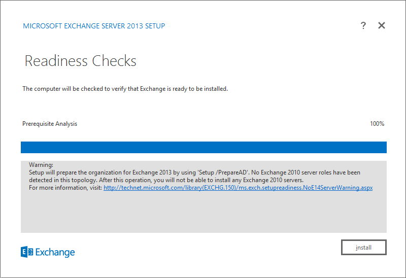 A screen shot of the Readiness Checks page, with a warning that Setup will prepare the organization for Exchange.