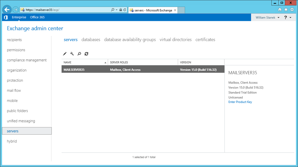 screen shot of Exchange Admin Center, showing the Servers panel.