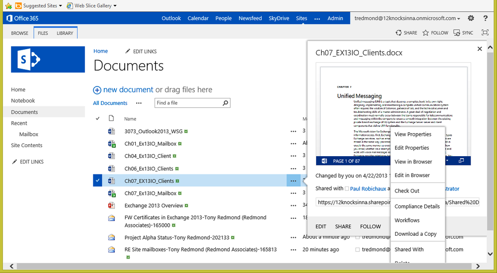 A screen shot of the contents of the documents library on the SharePoint site accessed through Internet Explorer. The same items are present, and extra processing options are available through SharePoint.