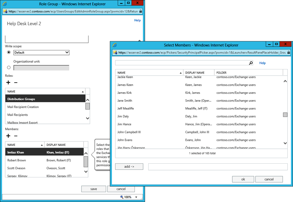 Screen shots showing how to select mailboxes or groups to add as new members of a role group. The left-side screen shows the properties of the role group; the right-side screen is the picker that EAC shows to enable the user to select the new members.
