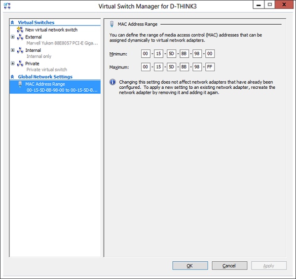 The Hyper-V virtual switch configuration for specifying a MAC address range