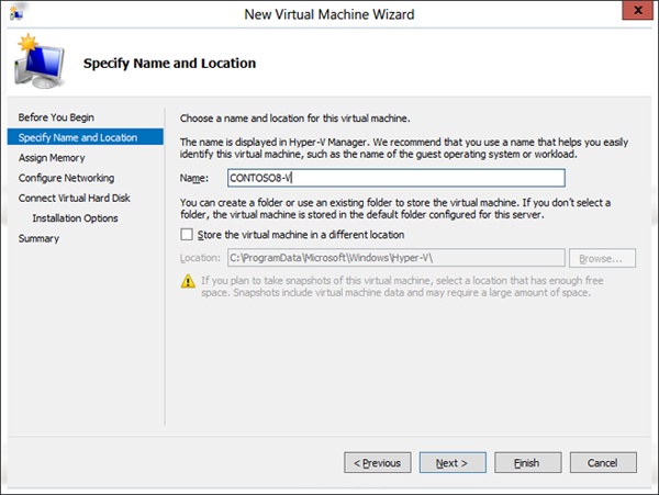 The virtual machine name and location selected in the wizard