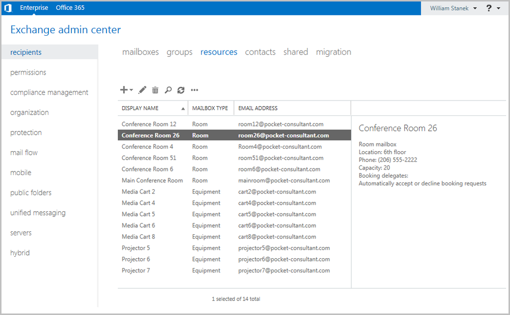A screen shot of the Resources page in Exchange Admin Center, showing rooms and equipment available in the organizations.