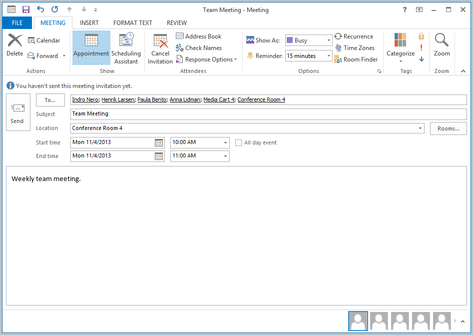 A screen shot of the Meeting Request dialog box, showing creation of a meeting request.